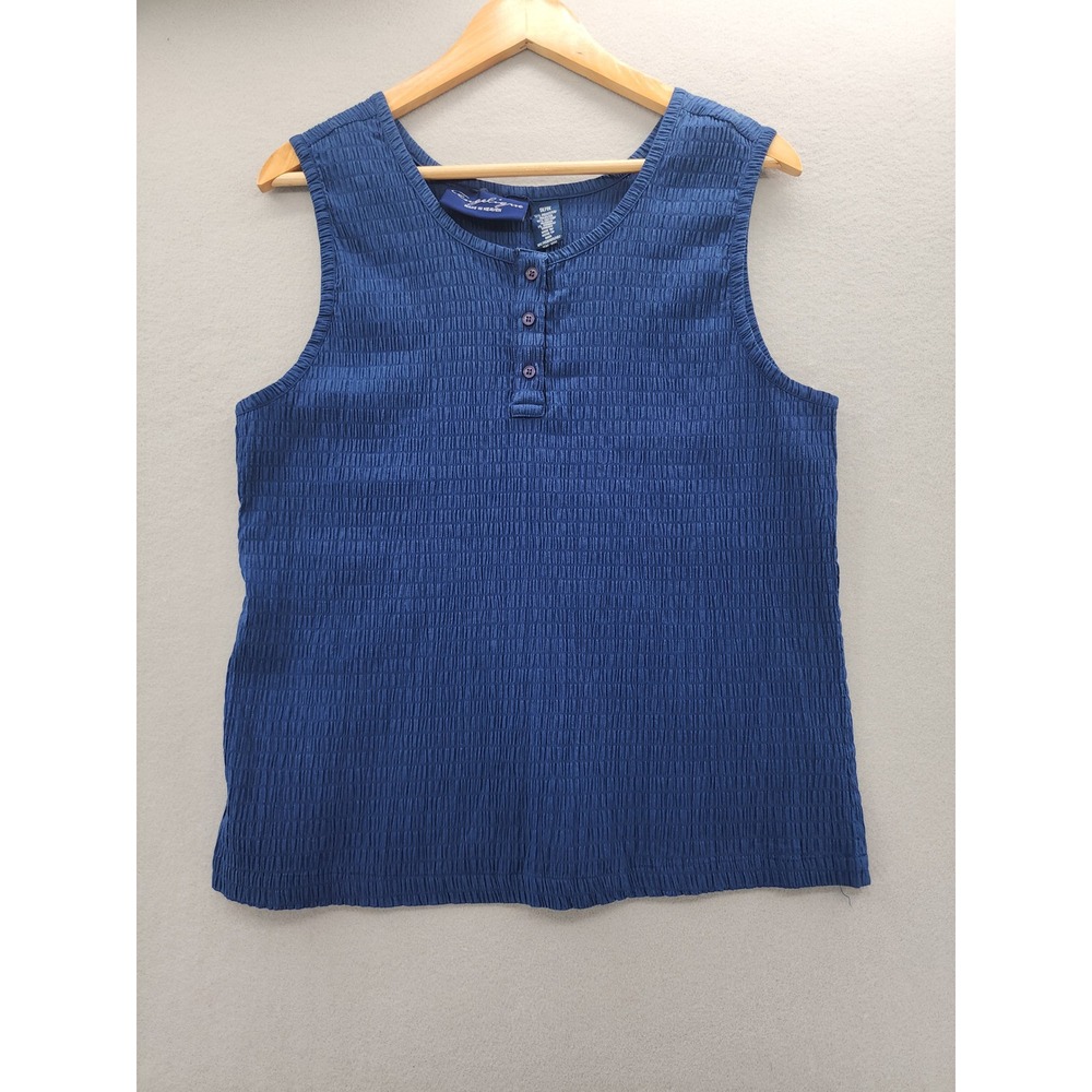 Angeligne Blue Textured Henley Tank Top Sleeveless Smocked Plus Size 1X/1X